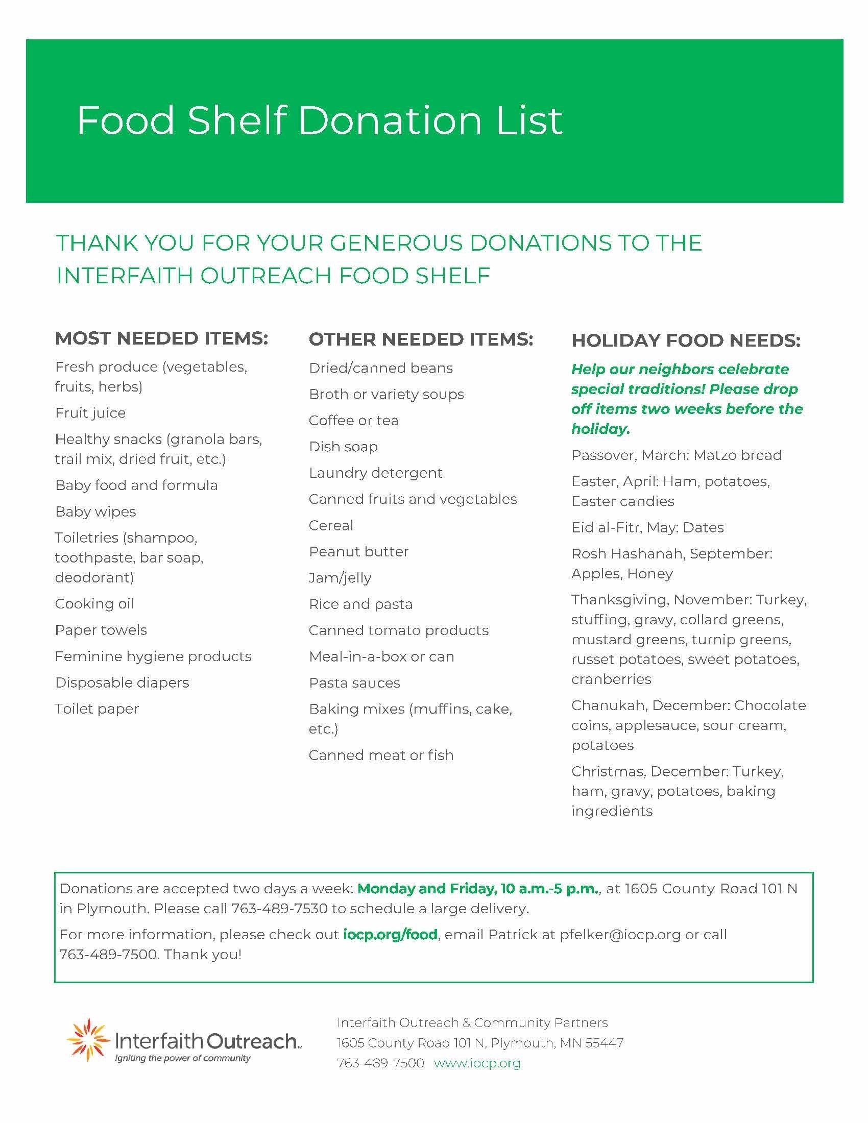Interfaith Food Shelf Needed Items
