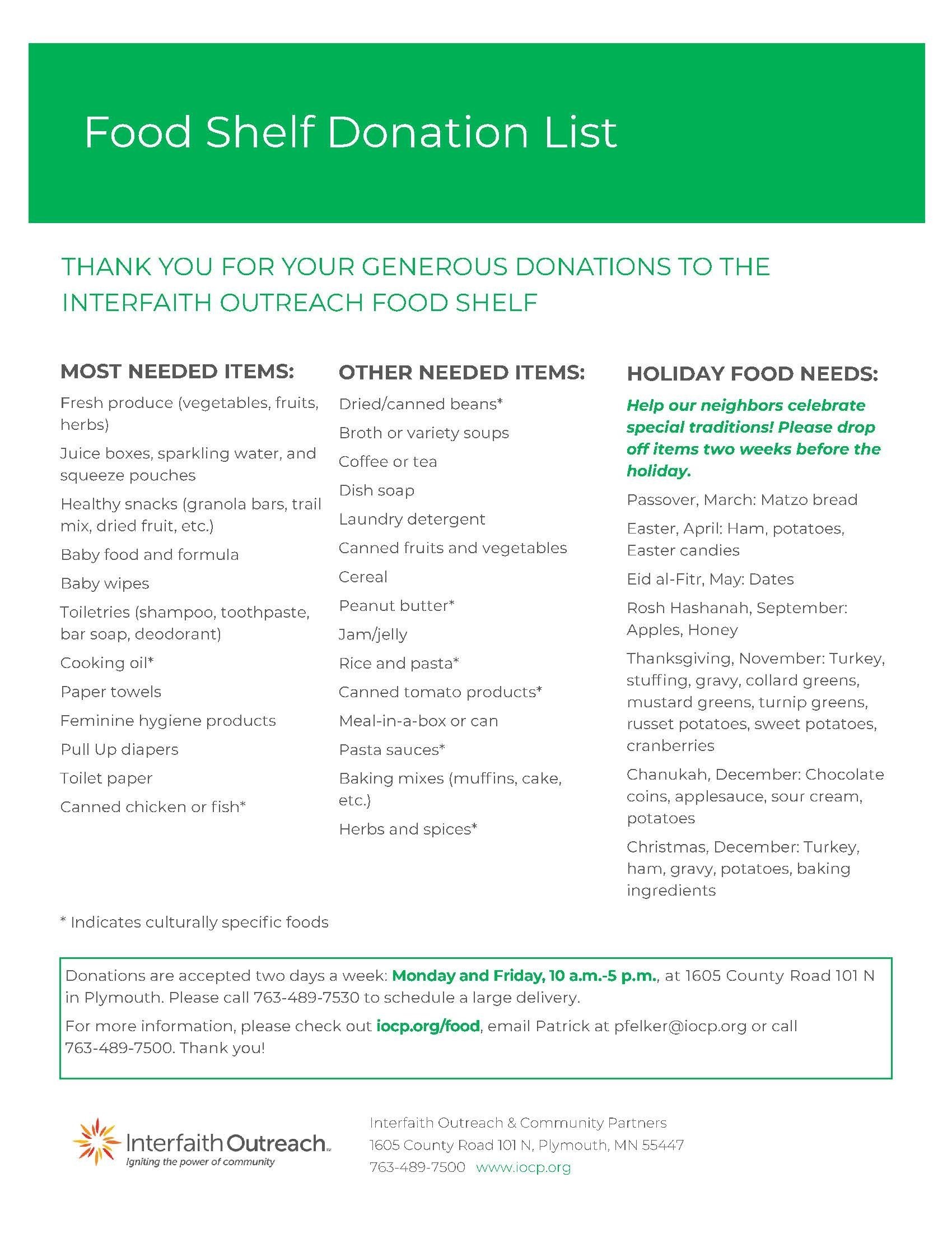 Interfaith Outreach Food Shelf Needed Items Feb 2022